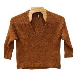 Free People Lofty V Neck Oversized Chenille Chunky Sweater M Burnt Orange Rust‎